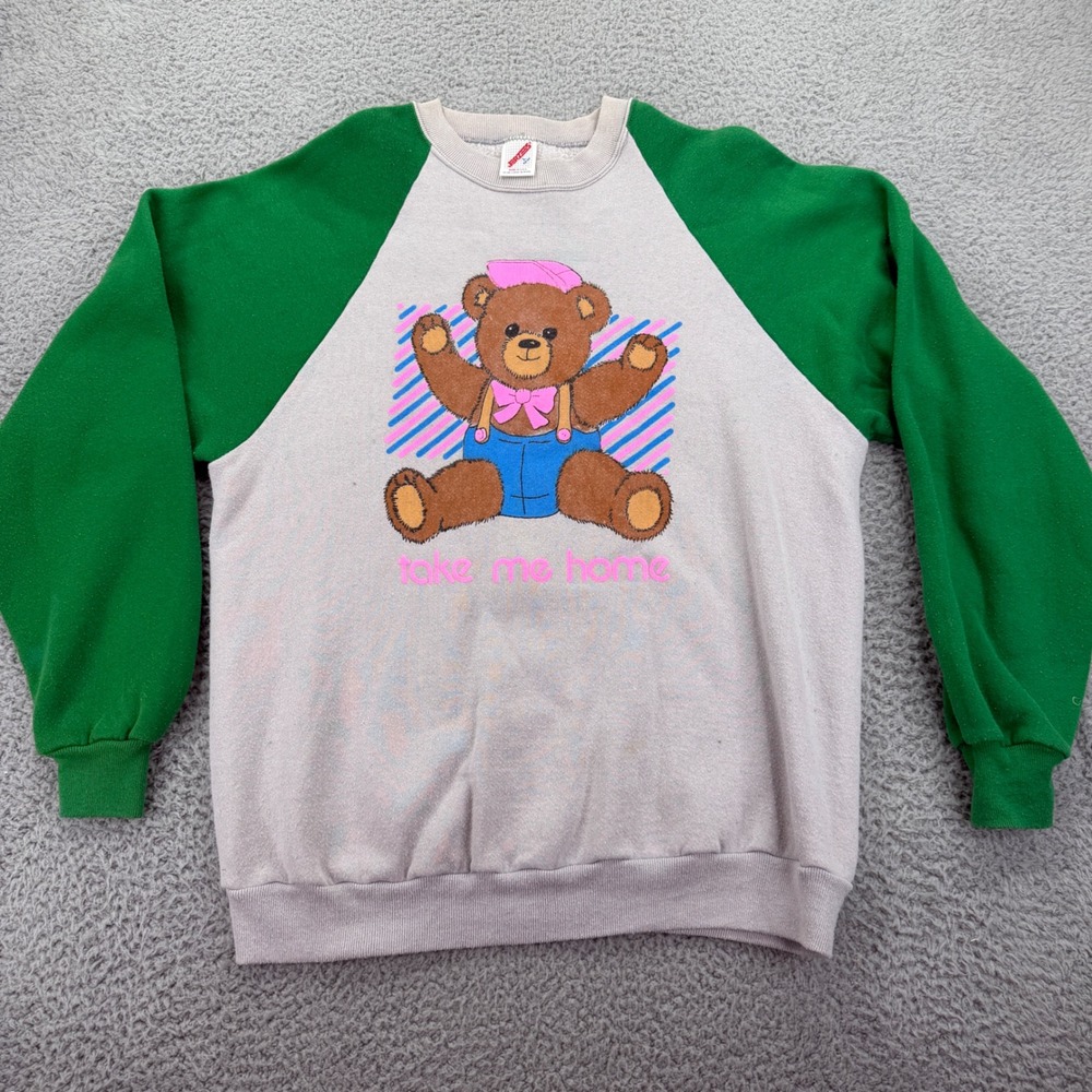 Vintage Jerzees Take Me Home Teddy Bear Raglan Sweatshirt Grey Green Large USA
